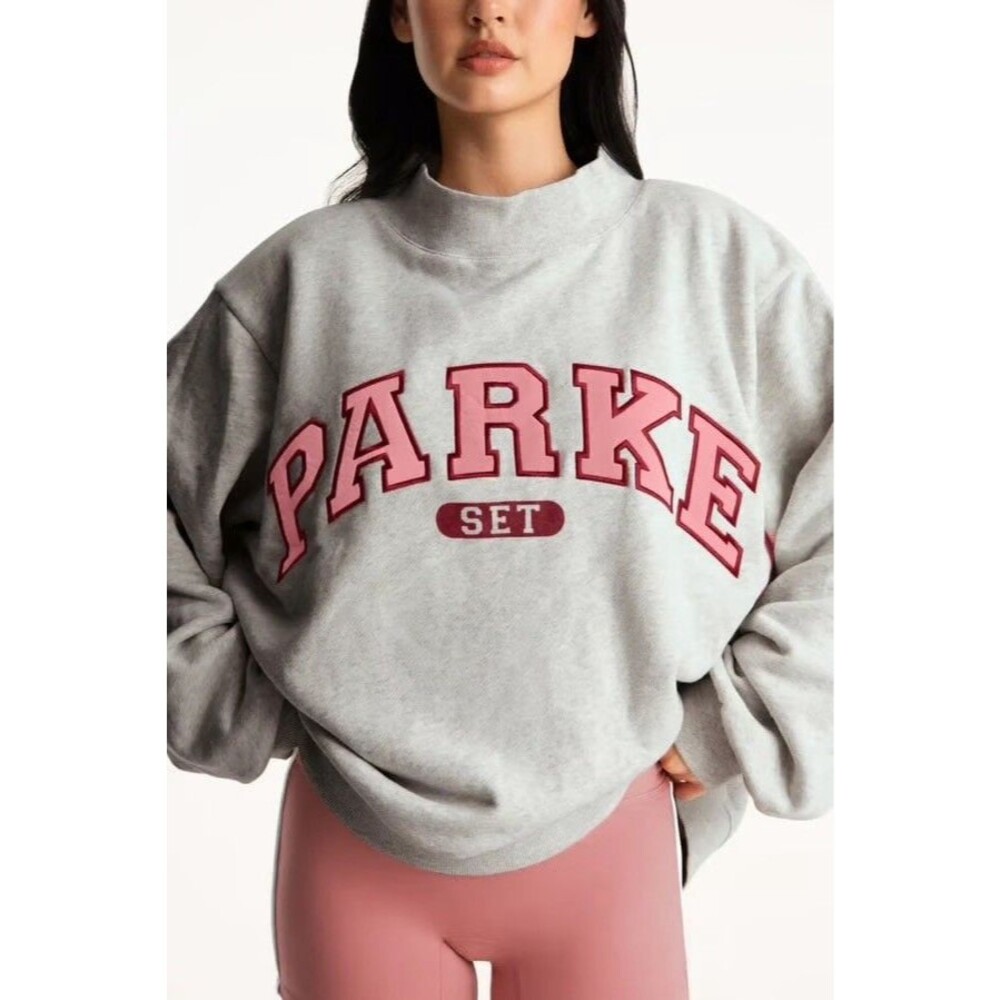 Parke X set varsity Mockneck Sweatshirt Heather Grey and Pink S/M Rhubarb RARE